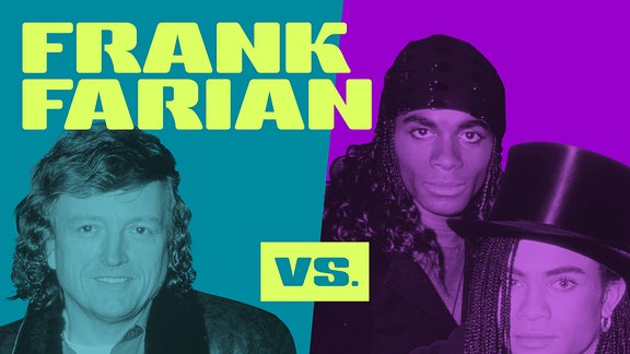 Auf einem farblich geteilten Bild sind links Frank Farian und rechts die beiden Jungs von Milli Vanilli zu sehen