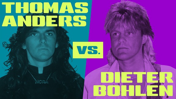 Auf einem zweigeteilten Bild sieht man links Thomas Anders und rechts Dieter Bohlen im 80er-Jahre-Styling.