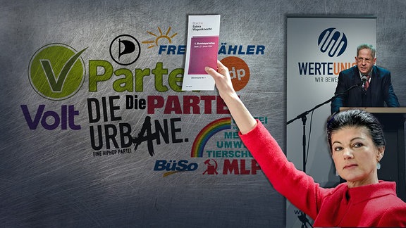 Parteisymbole kleinerer Parteien und Vertreter neuer Parteien.