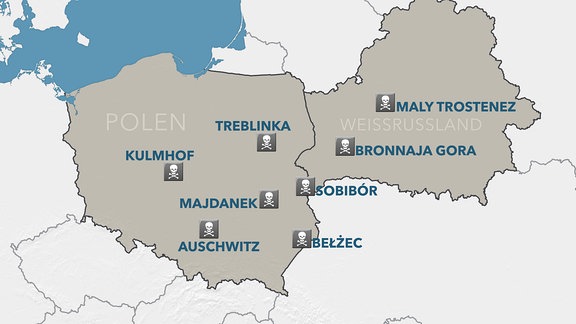 Eine Karte mit Vernichtungslagern in Polen und Weissrussland