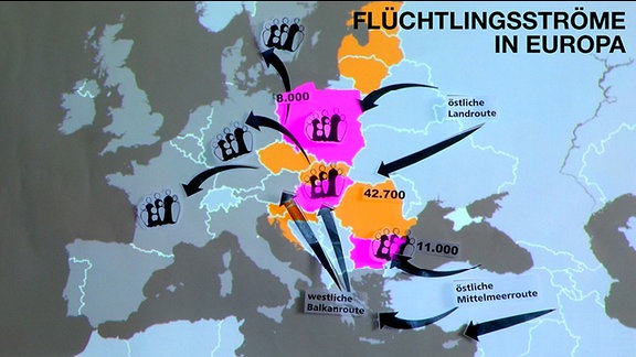 Eine Karte zeigt Flüchtlingsströme in Europa