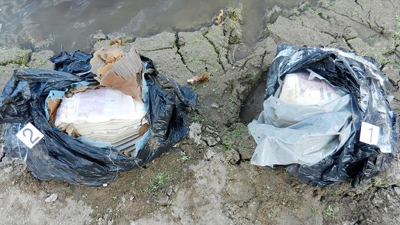 Zwei Mülltüten liegen am See.