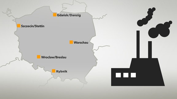 Karte von Polen mit Warschau, Danzig, Stettin, Breslau, Rybin