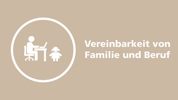 Piktogramm mit einem Mann, der an einem Laptop sitzt und einem Mädchen, das daneben steht, mit dem Text "Vereinbarkeit von Familie und Beruf".