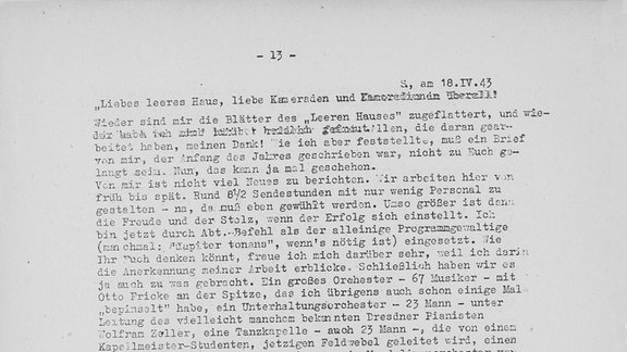 Auszüge aus der Monatsschrift "Das leere Haus", die die Mitarbeitenden des Leipziger Senders während des Krieges über Interna auf dem Laufenden hielt. 