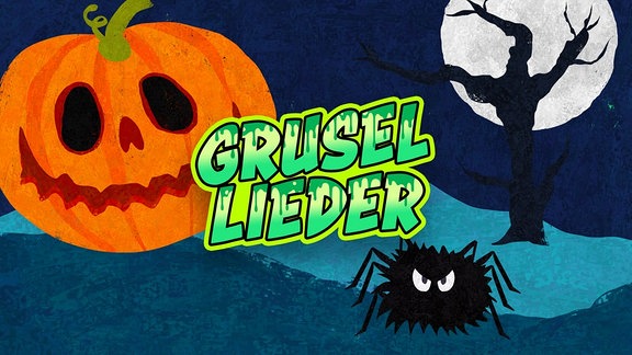 Ein Bild mit einem Halloweenkürbis und der Aufschrift "Grusellieder"