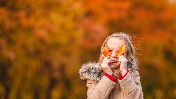 Lachendes Mädchen mit bunten Blättern vor den Augen.