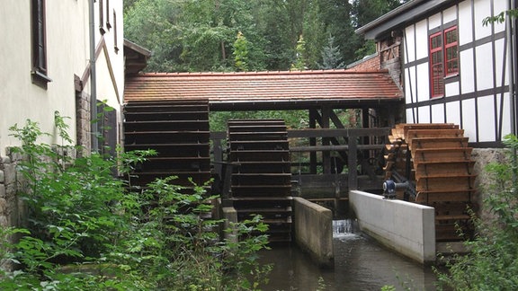 Zu sehen ist die Heilige Mühle in Erfurt, umgeben von viel Grün.