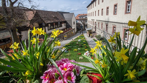 Der Blick in den Innenhof der Leuchtenburg bei Sonnenschein, im Vordergrund sind Blumen zu sehen.