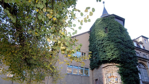 Der Innenhof des Collegium Jenense in Jena. Runder Steinturm mit Spitzdach, überwachsen von Pflanzen. 