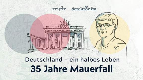 Schlichte Zeichung des Brandenburger Tors und eines Mannes mit Brille. Darunter steht: Deutschland – ein halbes Leben. 35 Jahre Mauerfall.