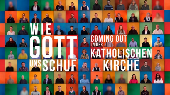 "Wie Gott uns schus - Coming out in der katholischen Kirche" steht auf einem Mosaik aus Porträts.