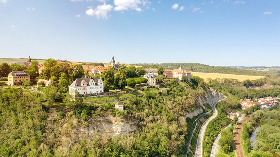 Blick aus der Ferne auf einen begrünten Felshang mit kleinen Schlossbauten 