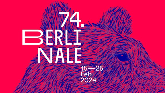 Das Plakat zur Berlinale 2024, ein Bär in Blau und Rot ist zu sehen