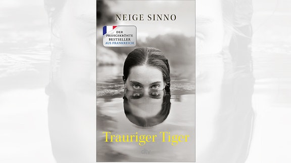 Cover des Buchs "Trauriger Tiger" von Neige Sinno mit einem Porträt einer Frau, deren Kopf bis zu den Augen mit Wasser bedeckt ist.