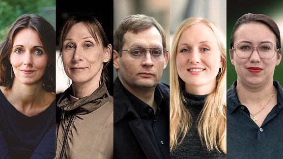 Quintett aus Leipzig für Deutschen Buchpreis 2024 nominiert: Daniela Krien, Martina Hefter, Clemens Meyer, Ruth-Maria Thomas, Ronya Othmann (v.l.n.r.) stehen auf der Longlist