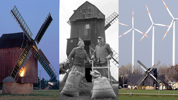 Auf dem dreigeteilten Bild sind links die alte Windmühle in Brehna in der Abenddämmerung, in der Mitte die Mühlenbesitzer Hädicke im Jahr 1991 vor der Mühle stehend und rechts die Mühle mit drei Windrädern im Hintergrund zu sehen.