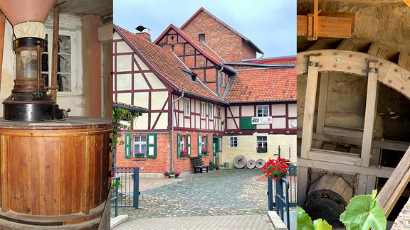 Die Bild-Collage zeigt einen Blick in den Fachwerkhof der Mühle Klein Quenstedt, das Mühlrad und das Innere der Mühle.