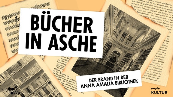 Grafik zeigt historische Aufnahme eines Bibliothekssaals, darüber steht "Bücher in Asche - der Brand der Anna Amalia Bibliothek"