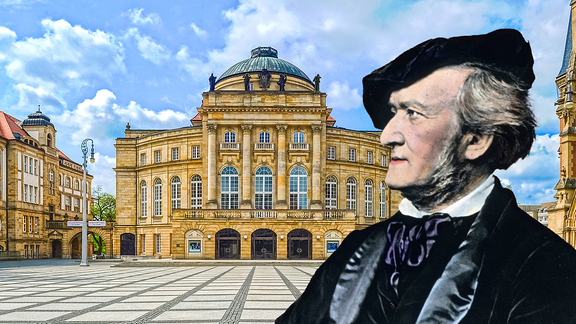 Bild-Collage: Der Komponist Richard Wagner im Profil vor dem Chemnitzer Opernhaus.