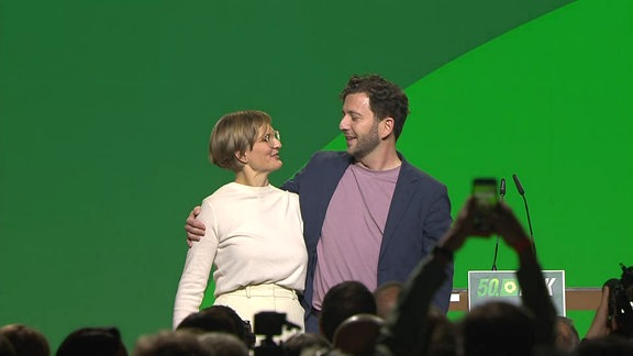 Franziska Brantner und Felix Banaszak beim Parteitag der Grünen.