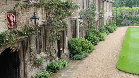 Mittelalterliche Häuser mit Rankenbepflanzung im Worcester Collage Garden in Oxford.  