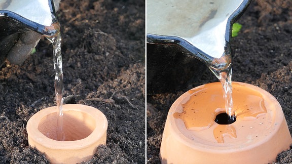 Collage: Mit einer Kanne wird Wasser in eine Olla gegossen und mit einer Kanne wird Wasser in eine selbstgebaute Olla gegossen.