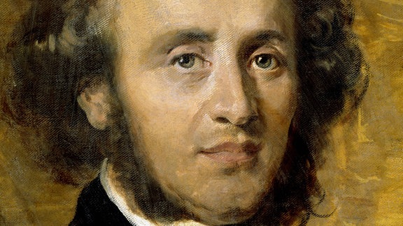 Gemaltes Portrait von Felix Mendelssohn Bartholdy, deutscher Komponist, ein Mann mit Backenbart und leicht wirren Haaren.