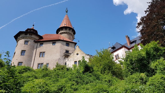 Eine Burg mit Türmen und roteem Dach, umgeben von Bäumen