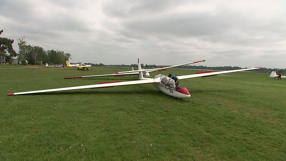 Segelflugzeuge auf einer Wiese.