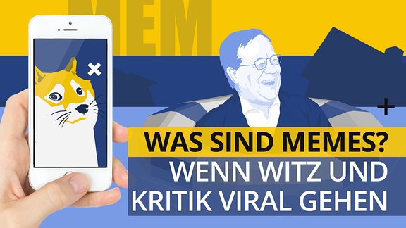 stilisierte Grafik: Eine Hand hält ein Smartphone mit dem bekannten "Doge"-Meme. Links im Bild ein stilisierter Armin Laschet.