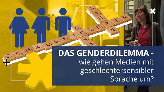 Scrabble-Buchstaben bilden die Worte: Schauspielerin, Gendern und Stern. Daneben ein Bild der Autorin des Beitrags bei ihrer Arbeit für den Video-Beitrag.