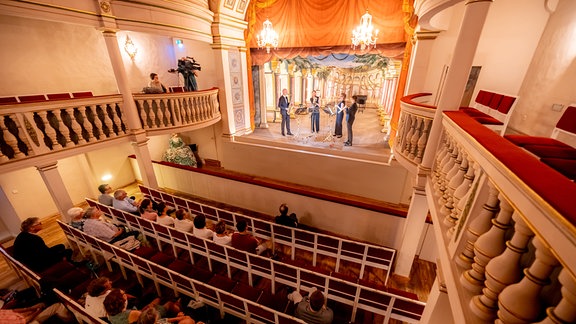 Blick in einen alten Theaterraum mit Pulikum und Bühne.