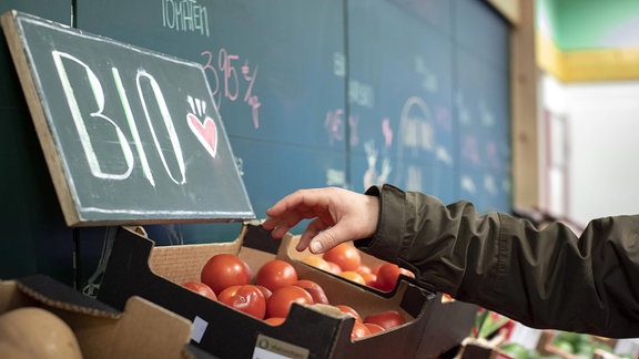 Ein Mann greift nach Bio-Tomaten in einer Gemüsauslage