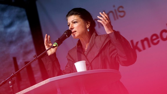 Politikerin Sahra Wagenknecht (BSW) bei einer Wahlkampfveranstaltung vom Bündnis Sahra Wagenknecht