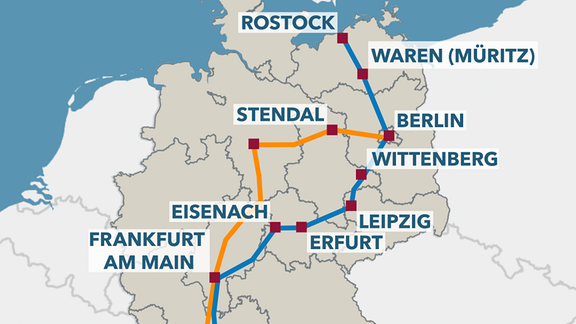 Die Grafik zeigt neue ICE-Bahnstrecken in Mitteldeutschland und Deutschland