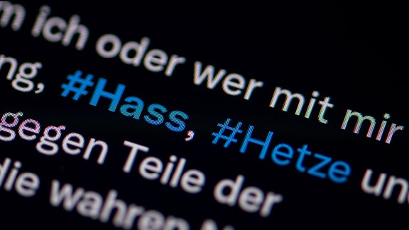 Auf dem Bildschirm eines Smartphones sieht man die Hashtags Hass und Hetze in einem Twitter-Post. 