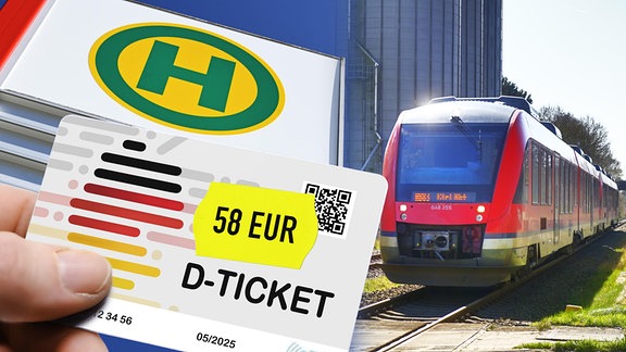 Hand hält das Deutschlandticket D-Ticket mit dem Preis von 58 Euro vor einer Regionalbahn und Bushaltestelle, Fotomontage