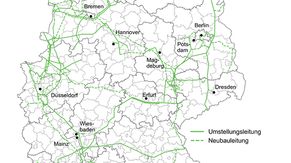 In eine Karte der Bundesrepublik Deutschland sind grüne Linien eingezeichnet. Über der Darstellung steht: "Wasserstoff-Kernnetz 2032".