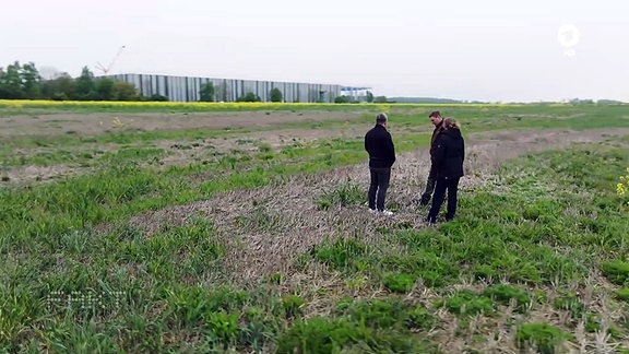 Mitglieder einer Bürgerinitiative auf einem Acker, dem geplanten Standort einer Batterierecyclinganlage