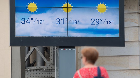 Eine Frau steht vor einer Anzeigetafel mit Wettervorhersagen.