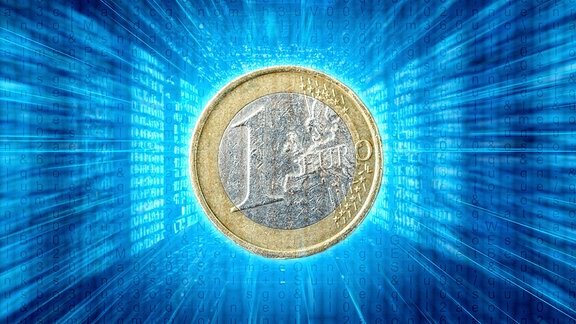 Eine 1-Euro-Münze vor einem digitalen blauen Raum