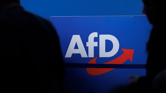 Delegierte vor dem Parteilogo bei dem AfD-Bundesparteitag in der Magdeburger Messe