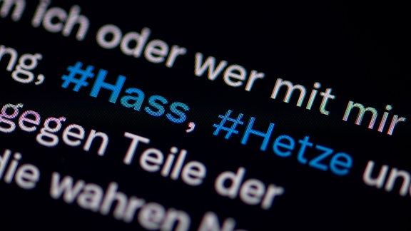 Auf einem Smartphones sieht man die Hashtags Hass und Hetze in einem Twitter-Post.