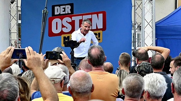 Björn Höcke (AfD), während der Wahlkundgebung der AfD in Bad Frankenhausen am 25. August 2024.