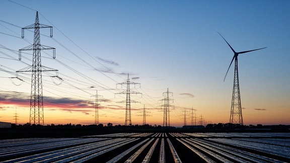 Windräder und Hochspannungsleitungen in der Morgendämmerung