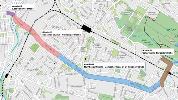 Karte einer Tramlinie und deren Baustellenabschnitte