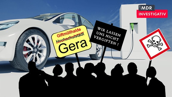 E-Auto an Ladesäule. Davor grafische Darstellung von Protestirenden mit Schildern