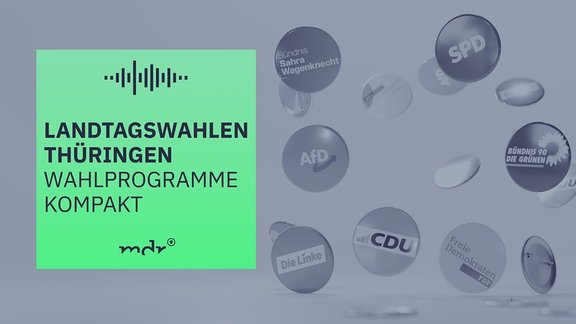 Im Hintergrund sind Parteilogos auf Buttons zu sehen, im Vordergrund ist "Wahlprogramme kompakt" zu lesen.