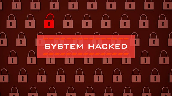 Illustration mit dem Schriftzug "System Hacked" und mehreren Schlössern